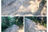 Kondisi jalan rusak di Kampung Kimiskam RT 05 RW 04, Desa Simpang Tiga, Kecamatan Patia, Kabupaten Pandeglang, Banten