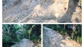 Kondisi jalan rusak di Kampung Kimiskam RT 05 RW 04, Desa Simpang Tiga, Kecamatan Patia, Kabupaten Pandeglang, Banten