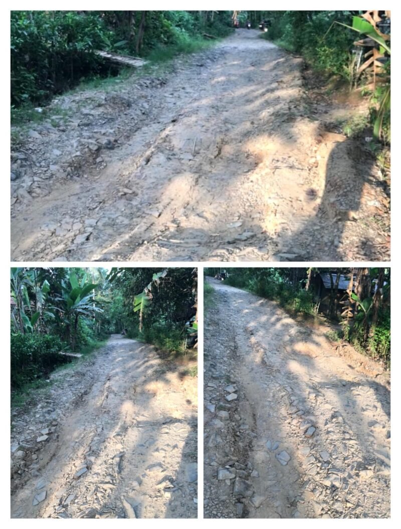 Kondisi jalan rusak di Kampung Kimiskam RT 05 RW 04, Desa Simpang Tiga, Kecamatan Patia, Kabupaten Pandeglang, Banten
